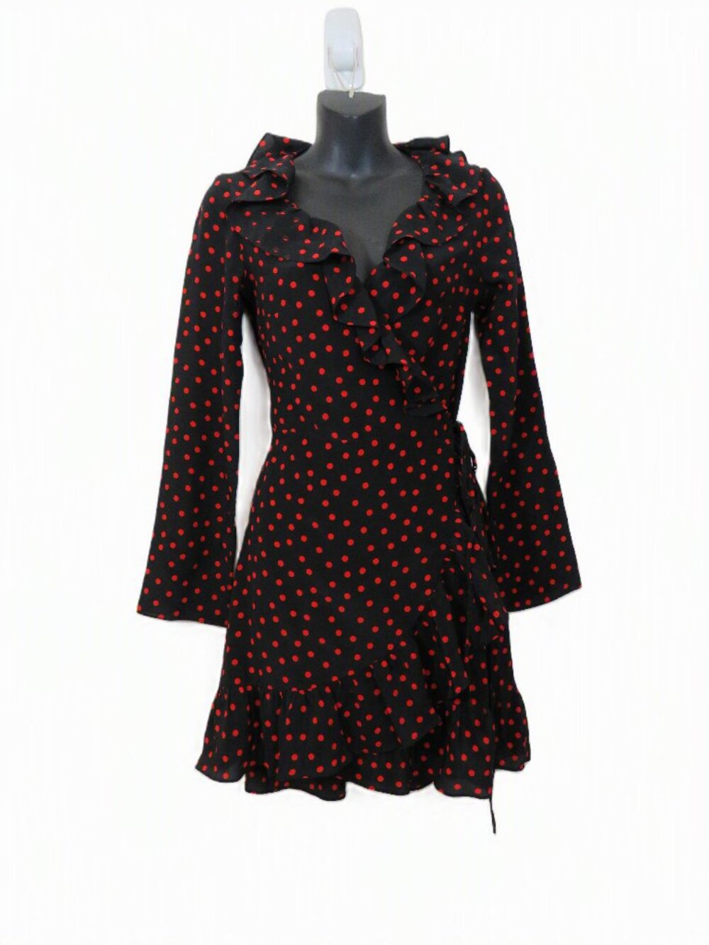 Realisation size Small Wrap Silk Dress Polka Dot Long Sleeve Black Ruffle Detail